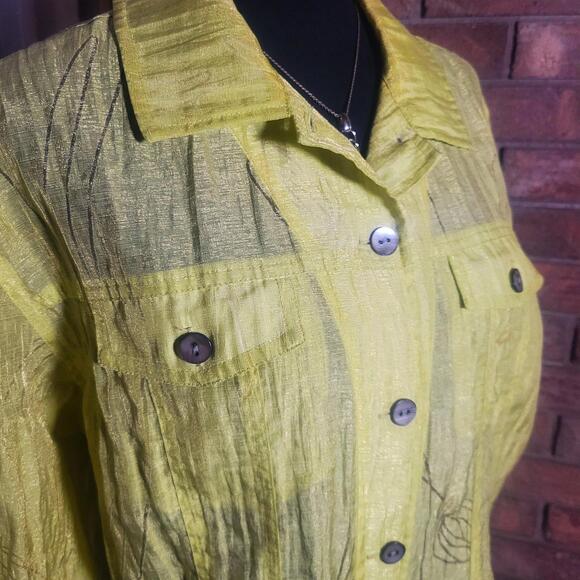 Chico's Chartreuse Sheer Taffeta-Like Button-Up Textured Floral - Sz 2 (Lg) - Picture 3 of 9